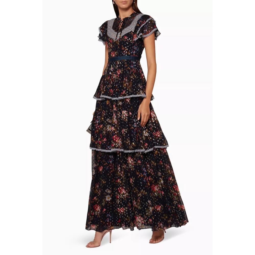 Needle & Thread Navy Winter Forest Floral Tier Ruffle Lace Prairie Maxi Dress 2